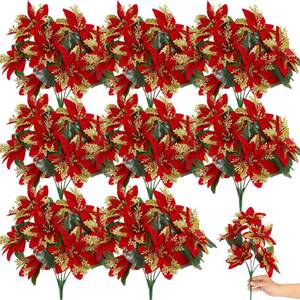 lot 9626 image: Hotop 8 Bundles Christmas Glitter Poinsettia Artificial Bushes 12.6 Inch Poinsettia Flowers Bushes Christmas Decorations Ornaments for Indoor Outdoor (Red and Gold)