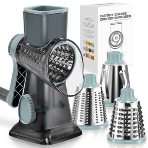 lot 9628 image: KEOUKE Rotary Cheese Grater Hand Crank Transparent - Shredder Slicer Grinder 3 Stainless Steel Blades, Stable Suction, Labor-Saving Handle, Safe Kitchen Tool for Cheese, Vegetable, Nuts, Chocolate