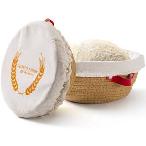 lot 9639 image: Cotton Rope Banneton Bread Proofing Basket Set - Includes handmade two round bread baskets with liners and covers. Ideal for sourdough bread baking supplies and starters