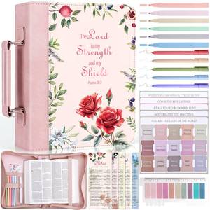 lot 9640 image: XKDOUS Bible Cover Case for Women, Leather Bible Bags with Study Supplies Large Book Carrying Case Church Book Holder Organizer Christmas Gifts, Pink