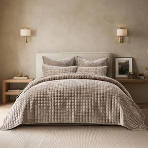 lot 9644 image: RECYCO Luxury Velvet Quilt Queen Size Bedding Set, Ultra Soft Velvet Comforter Set, Lightweight Quilted Channel Box Stitch Oversized Bedspread Coverlet for All Season, with 2 Shams, Natural Tan