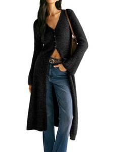 lot 9653 image: Jenisso Womens V-Neck Button Maxi Cardigan Bell Long Sleeve Open Front Split Breasted Sweater Dress Black