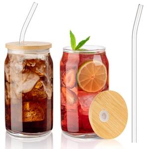 lot 9669 image: umsa kitchen Glass Cups with Lids and Straws, 16 Oz - Set of 2 Reusable Iced Cold Coffee Tumblers - Clear Glass Bottle for Water with Bamboo Lids
