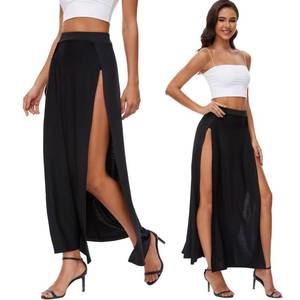 lot 9679 image: Womens Elastic Waist High Split Wrap Flowy Long Maxi Skirt Plain Side Slit Beach Party Maxi Skirts Renaissance Costume Black