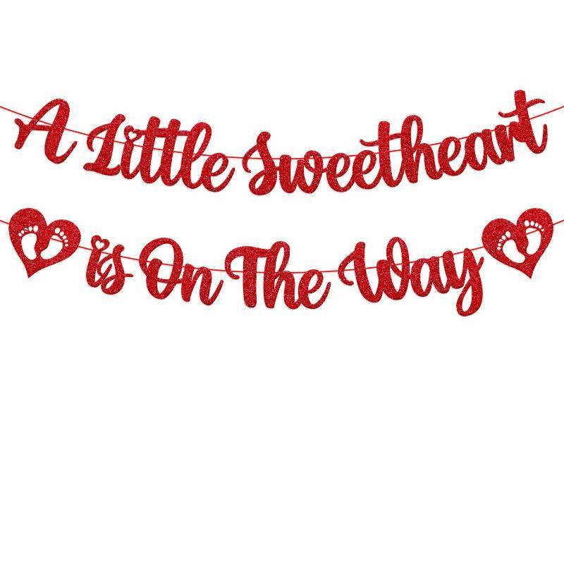 lot 28411 image: Happy Valentines Day Baby Shower Banner A Little Sweetheart is On the Way Banner Valentines Day Gender Reveal Red Pink Glitter Party Supplies - Retail $8