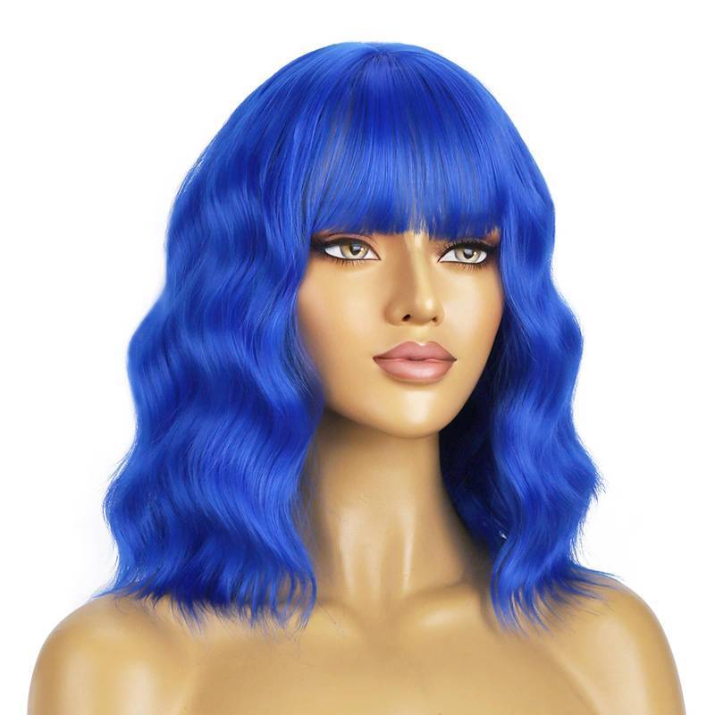 lot 37920 image: BERON 14 Inches Dark Blue Wig Short Curly Wig Women Synthetic Wigs Blue Wigs with Bangs Hairnet Included - Retail $20
