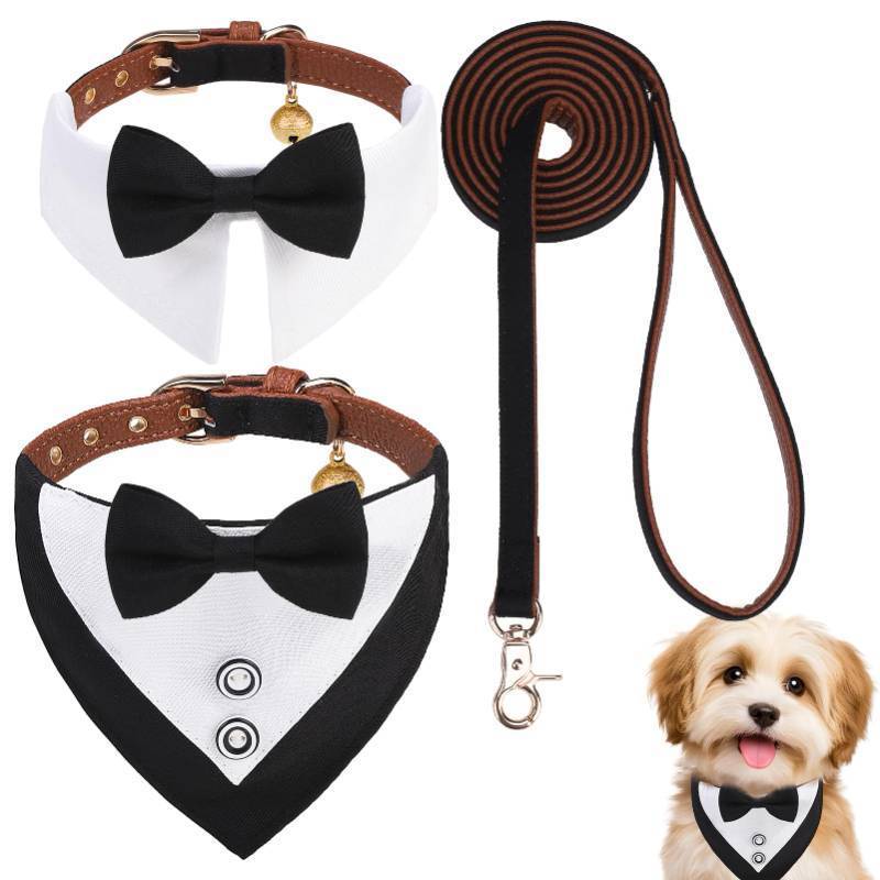 lot 37964 image: EXPAWLORER Dog Collar and Leash Set - Dog Tuxedo Wedding Outfit Puppy Collar with Suit and Tie, Cute Ring Bearer in Tux Bow and Bandana Design, Proposal Costume for Small Pets - Retail $14