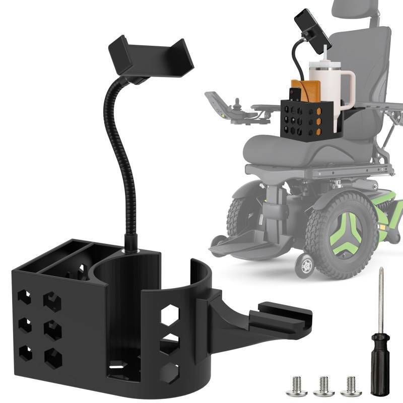 lot 47467 image: WSBXBB Cup Holder for Permobil Power Wheel Chair, 3 in 1 Cup Holder, Phone Holder & Storage Basket Compatible with Permobil Wheelchair with Uni-Track Armrest Such as M300, M3, M1, F3, F5, K300 Ps