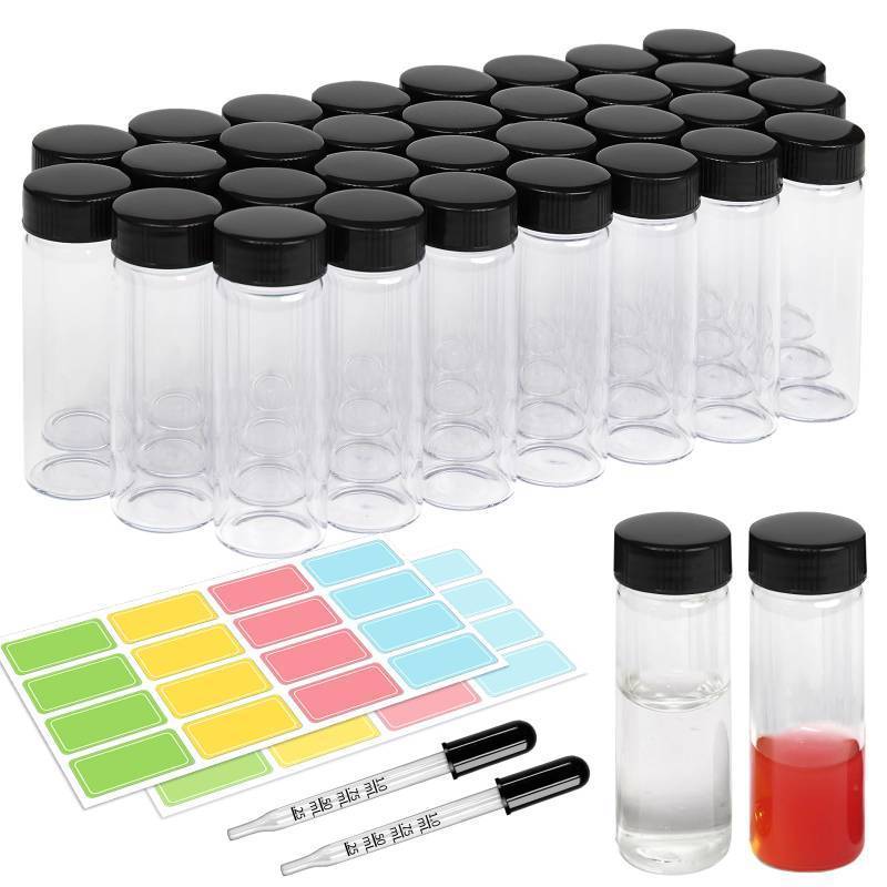 lot 47476 image: Asherxin 1oz Clear Glass Vials with Lid 40pcs 30ml Screw Caps Sample Bottle with 2 Extra Long Scaled Glass Droppers & 32 Colorful Lables for Essential Oil