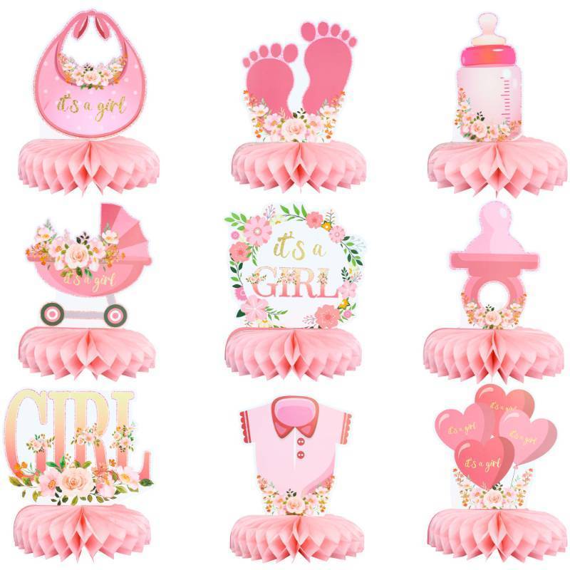 lot 53878 image: Gyufise 9Pcs Pink Baby Shower Decorations Honeycomb Centerpieces for Girls Floral Its a Girl Gender Reveal Table Centerpiece Party Supplies Baby Girl Pregnancy Announcement Table Topper - Retail $9