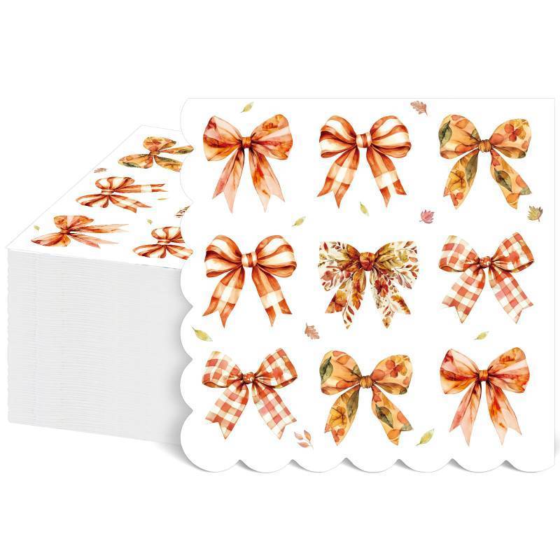 lot 53880 image: NatNarr 100 Pcs Fall Napkins, Autumn Leaves Bow Cocktail Napkins Disposable Thanksgiving Paper Napkin Orange Plaid Dessert Beverage Napkin for Harvest Home Kitchen, 5X5 Inch - Retail $8