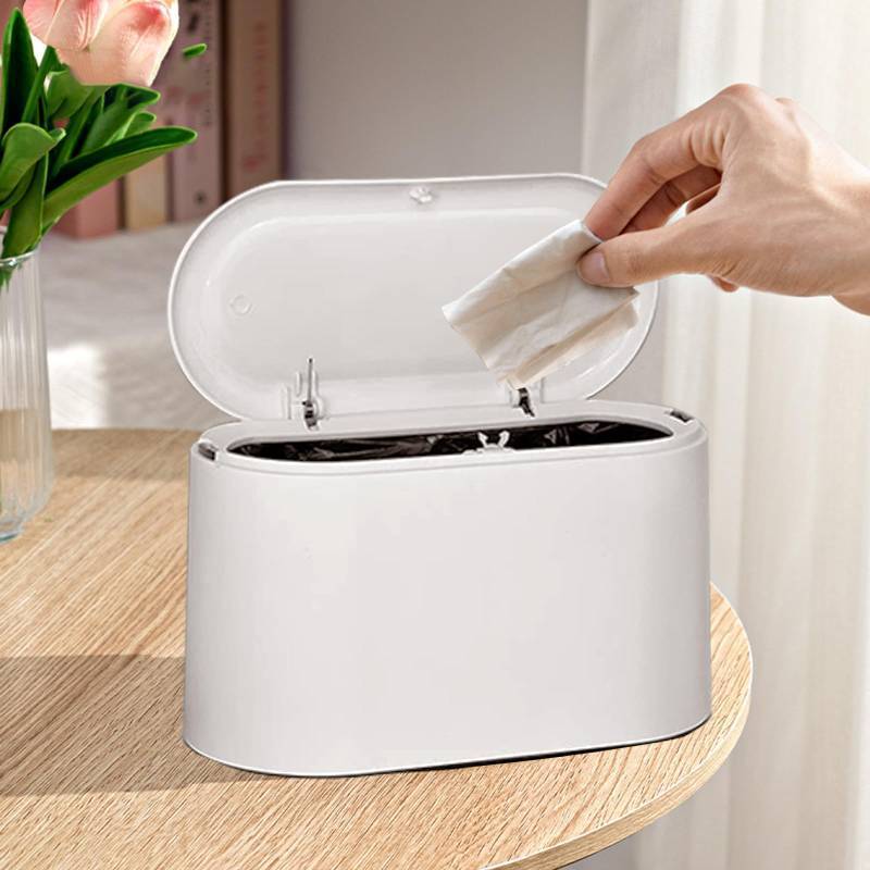 lot 53892 image: LTWQLing Mini Trash Can with Lid - Removable Small Garbage Can, Tiny Plastic Trash Bin, Pop Up Countertop Wastebasket, Counter Garbage Lint Bin for Bathroom,Office,Kitchen,Desk,Coffee Table(White) - Retail $10