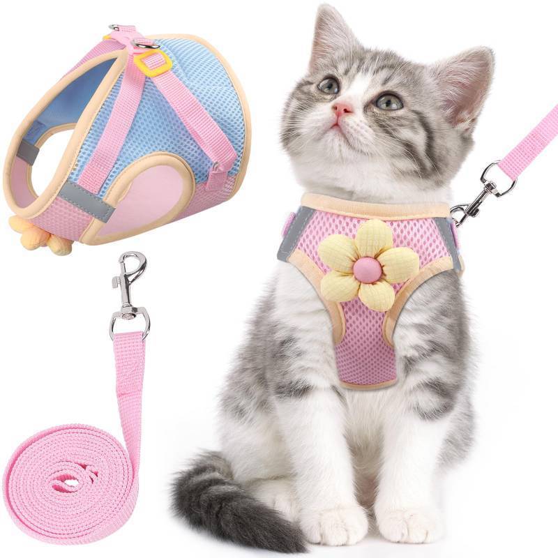 lot 53904 image: Cat Harness and Leash Set for Walking Escape Proof, Adjustable Kitten Harness Breathable Mesh with Reflective Strips Harness with Flower for Kitty Puppy Bunny - Retail $10