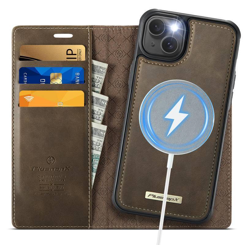 lot 53910 image: PlusnapX Wallet Case for iPhone 15 Plus Compatible with Magsafe, 2-in-1 PU Leather Flip RFID Blocking Card Holder Stand Shockproof Magnetic Detachable Cover for iPhone 15 Plus Case 6.7, Brown - Retail $27