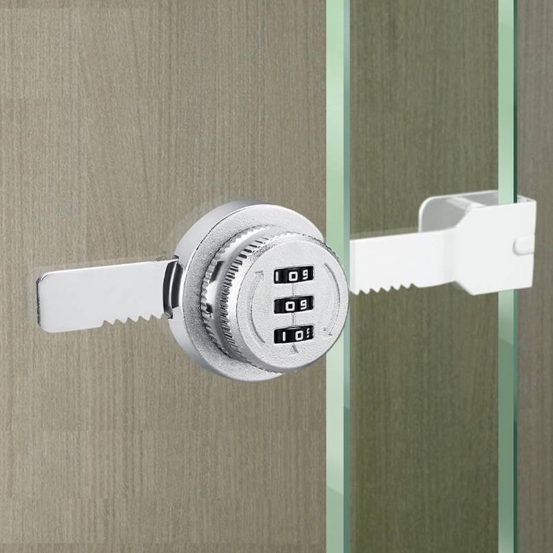 lot 53912 image: ETEKJOY Keyless Combination Ratchet Lock for Sliding Glass Door Showcase Display Case Cabinet 3-Digital Password (Silver) - Retail $10