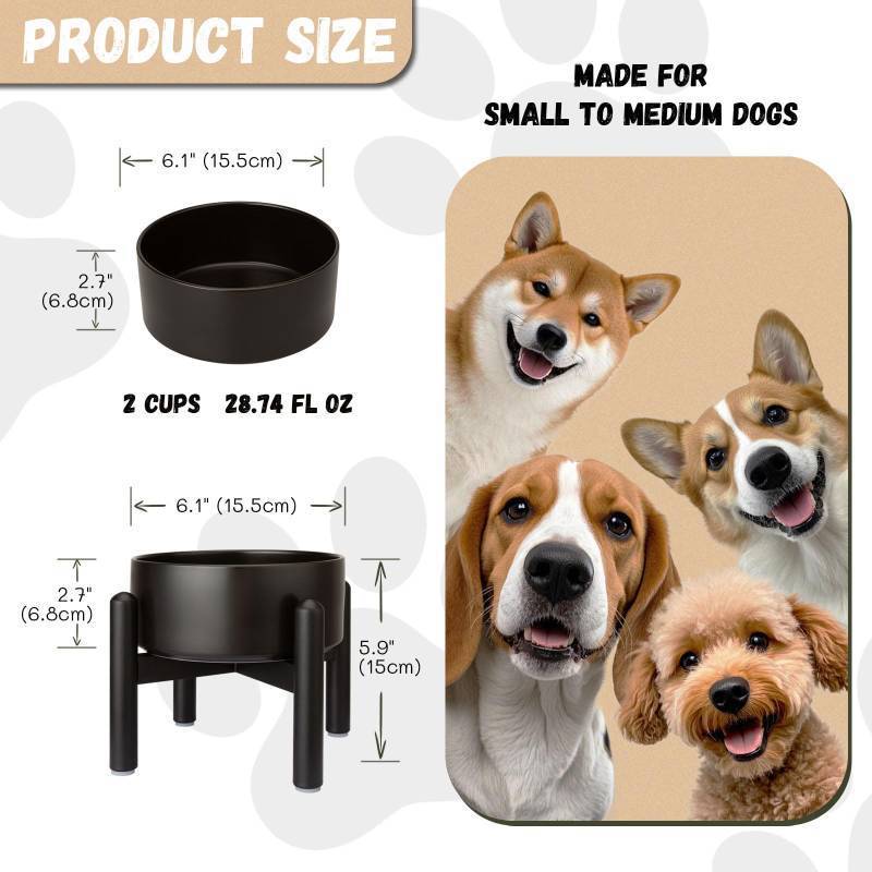lot 25819 image: Raised Ceramic Dog Bowl - Elevated Food Water Dish with Stainless Steel Stand - for Small to Medium Dogs - 6 Inch - 2 Cups (28.75 fl oz) - Black