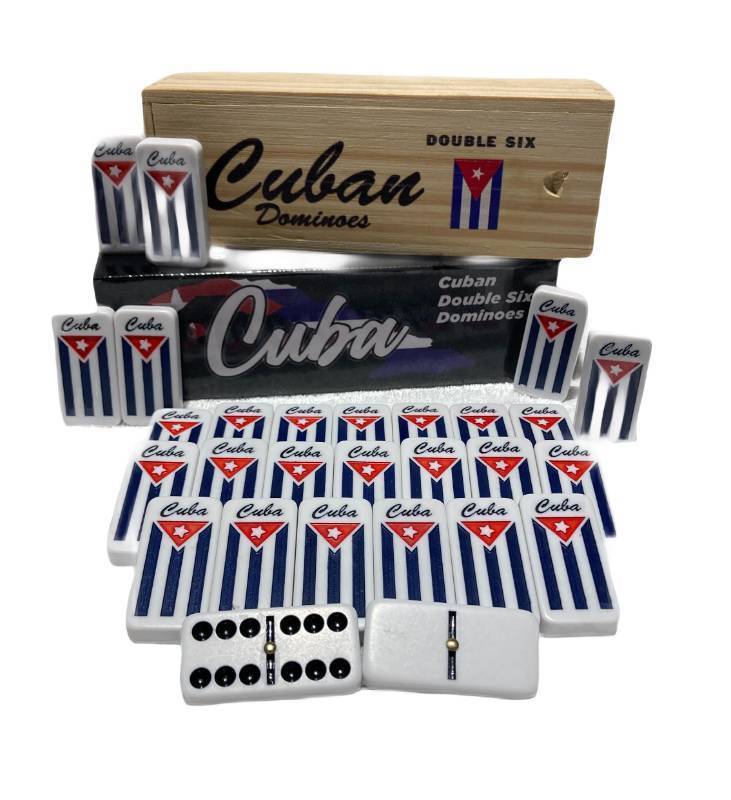 lot 25828 image: PRK 14 Cuban Double Six Dominoes Set - Classic Cubano Flag Combo Design with Wooden Box, Engraved Cuban Flag, Quality Tiles for Authentic Domino Experience