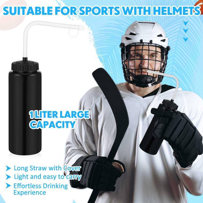 lot 25838 image: Domensi 4 Pack 1 Liter Sports Water Bottle Wlong Straw Hockey Lacrosse Water Bottle with Straw Bpa Free Squeeze Plastic Use Sport Helmet in Football Baseball Gym(Black,Classic)