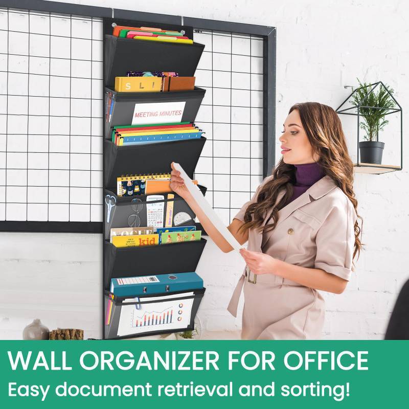 lot 28540 image: Godery Sustainable Office Storage Pocket, Cascading Wall File Organizer, 6 Pockets, Letter Size, File Folder Holders for Classroom, Office, School and Home, 45 H x 13 W - Black (Missing 1 Hook)