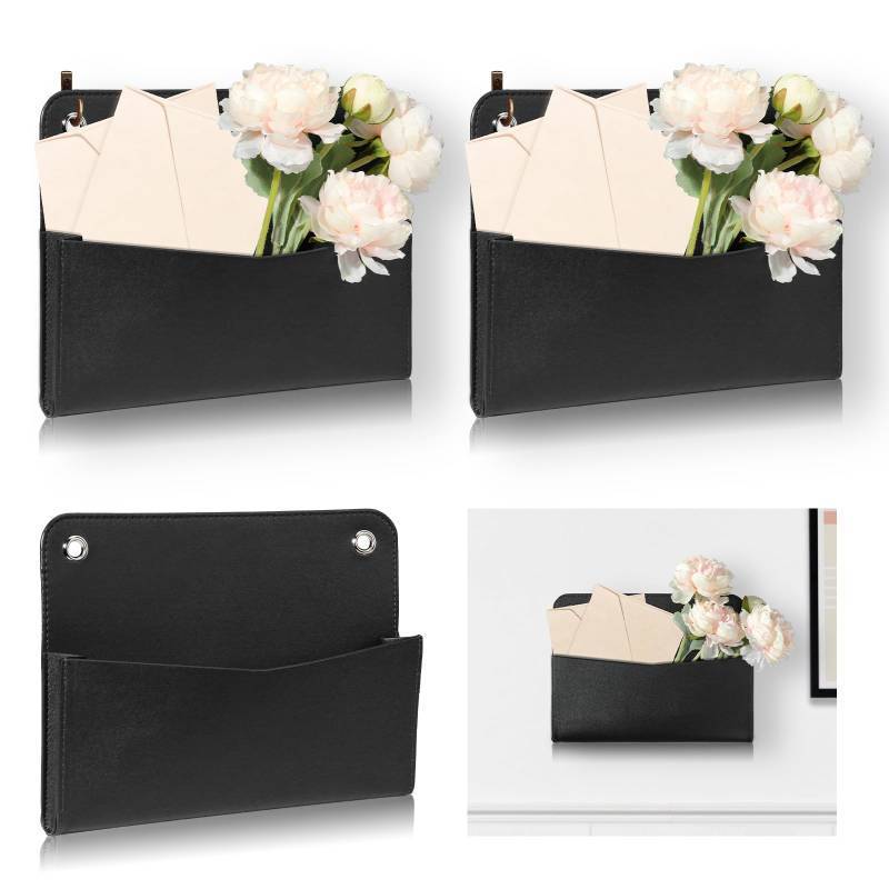 lot 28592 image: MSHUNKEJI 3 PCS Wall Mount PU Leather Mail Holder Black Faux Leather Letter Holder 2 Ring Wall Mail Organizer Stylish Wall Hanging Mail Storage for Flowers Envelope Key Notebooks Home Office Decor