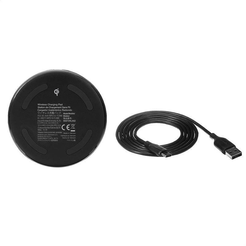 lot 53998 image: Amazon Basics 15W Qi Certified Wireless Charging Pad for iPhone 161514131211X, Samsung and More, with USB Cable, Black