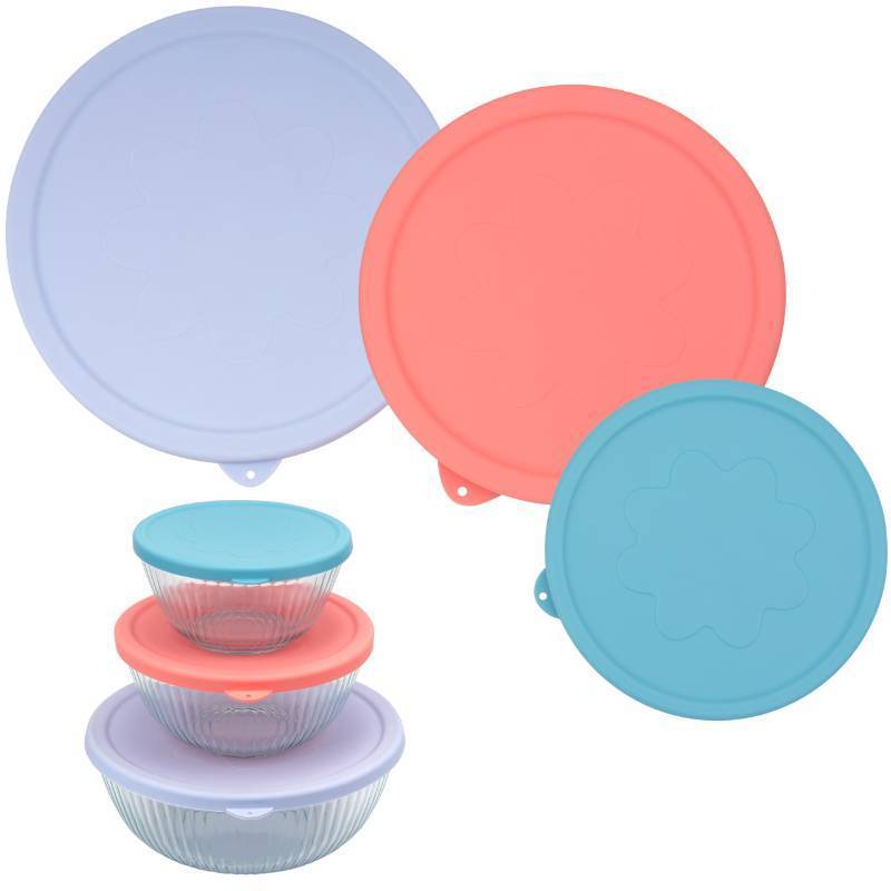 lot 56786 image: Purekra 3 Pack Silicone Replacement Lids for Pyrex 7402-S 1.3 Qt, 7403-S 2.3 Qt, 7404-S 4.5 Qt Sculpted Tinted Glass Mixing Bowls (BOWL NOT INCLUDED)