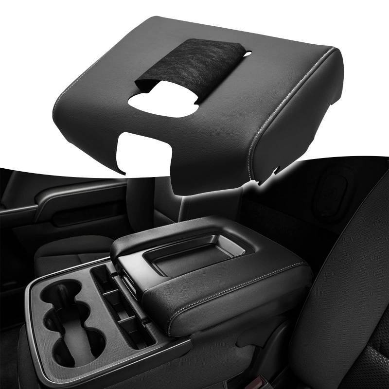 lot 28470 image: KBH Auto Center Console Armrest Cover Replacement for Chevrolet Silverado & GMC Sierra 1500 2500 3500 2014-2018, Vinyl Leather Middle Console Covering, Split Bench Jump Seat (Black-Gray Stitch)