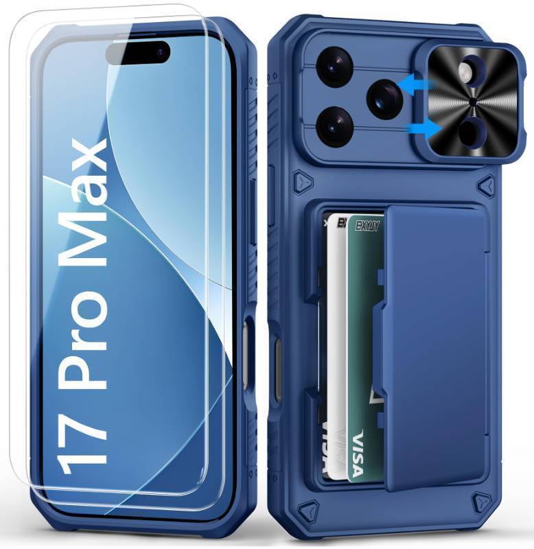 lot 37595 image: BXYJY for iPhone 17 Pro Max Case Wallet with Screen Protector (Tempered Glass), Slide Camera Cover, Military Grade Drop, Card Holder (4-5 Cards), Heavy Duty Men Women Case for iPhone 17 Pro Max, Blue