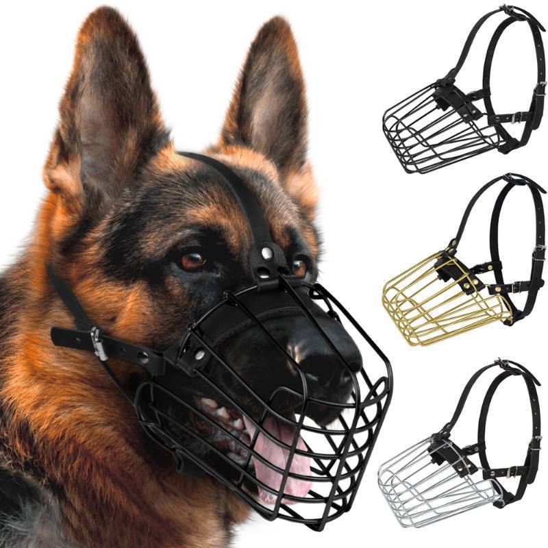 lot 53969 image: German Shepherd Dog Muzzle Metal Basket for Medium Large Dogs Adjustable Durable Leather Straps Secure Wire Mask for Biting Chewing Barking (Black, L - Size)