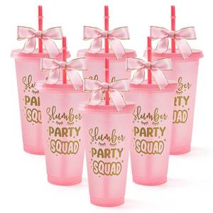 lot 23854 image: Yicentdp 6 Set Slumber Party Plastic Cups with Lid Straw and Twist Bow 24 oz Sleepover Tumblers Reusable Cups for Birthday Slumber Spa Party Supplies