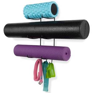 lot 23862 image: Wallniture Guru Wall Mount Yoga Mat Home Gym Equipment Resistance Bands and Foam Roller Holder with 3 Hooks 3 Sectional Metal Black