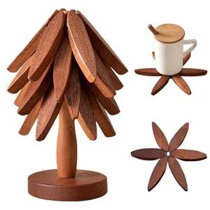 lot 29206 image: Natural Foldable Black Walnut Wooden Trivet Set - 4 Trivets  1 Stand for Hot Dishes, Pot, Bowl, Teapot, Hot Pot Holders(Black Walnut) (Stand Striped)
