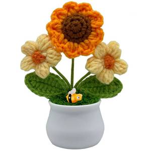 lot 29211 image: YanKiTour Crochet Sunflower Artificial Flowers, Plush Plant Desk Decor, Emotional Support Gift (Yellow Flower Sunflower with Bee)