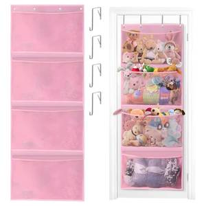 lot 29221 image: Kuaile Over The Door Stuffed Animal Storage - Large Plush Toy Organizer with 4 Pockets, Hanging Door Organizer for Nursery, Bedroom, Kids Room (PINK)