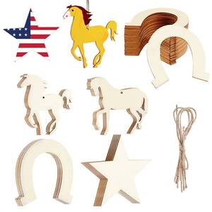 lot 29247 image: 36 Pieces Unfinished Wooden Horse Cutouts Wood Discs Slices Horse Horseshoes Star Animal Shaped with Rope for Home DIY Handicraft Birthday Party
