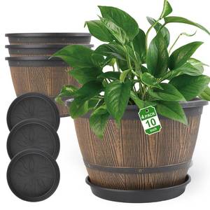 lot 39341 image: 10-inch-Plant-Pots-Indoor-Outdoor, 4 Pack Whiskey Barrel Planters with Drainage Holes & Saucer, Plastic Flower Pots Imitation Wine Barrel Design, Decorative Garden Pots for Plants
