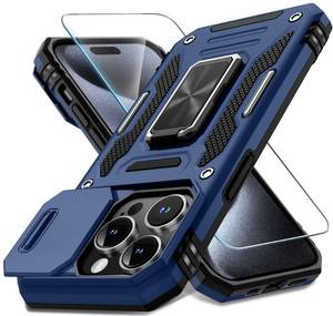 lot 39347 image: DEERLAMN Case for iPhone 15 Pro with Slide Camera CoverScreen Protector(1 Pack), Rotated Ring Kickstand Military Grade Shockproof Protective Cover 6.1 Inch-Navy Blue