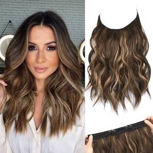 lot 39377 image: REECHO Invisible Wire Hair Extensions with Thinner Softer Lace Weft (Chocolate Brown with Blonde Highlights, 12 Inch (Pack of 1))