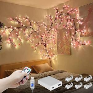 lot 47996 image: FNHMSL Cherry Enchanted Willow Vine Lights 7.55FT 144LED Pink Cherry Blossom Tree Branch Lights for Wall, Remote Timer,8 Light Model,Bedroom Wall Doors Wedding, Christmas, USB Battery Box
