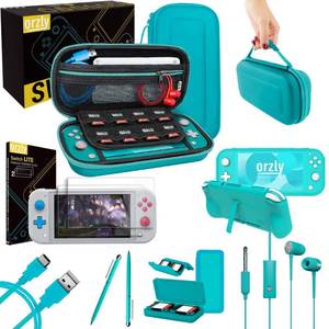 lot 48017 image: Orzly Switch Lite Accessories Bundle - Case & Screen Protector for Nintendo Switch Lite Console, USB Cable, Games Holder, Grip Case, Headphones, Thumb-Grip Pack & More (Gift Pack - Turquoise Blue)