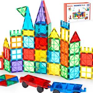 lot 48018 image: Gemmicc 100 PCS Magnetic Tiles with 2 Cars, STEM Approved Educational Magnet BuildingToys, Magnet Puzzles Stacking Blocks for Boys Girls