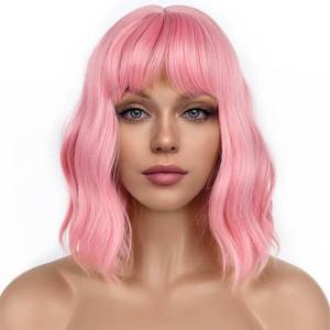 lot 54335 image: LANCAINI Pastel Bob Wigs with Bangs for Women Loose Wavy Wig Pastel Wavy Shoulder Length Bob Synthetic Cosplay Wig for Girl Colorful Costume Wigs (Pink)