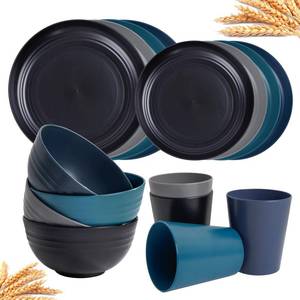lot 55596 image: Rubtlamp 16Pcs Plastic Wheat Straw Dinnerware Set, Reusable Plastic Dishes Set for 4, Kitchen Plates And Bowls Set (Deep Four Colors) Include Dinner Plates, Dessert Plates, Cereal Bowls, Cups