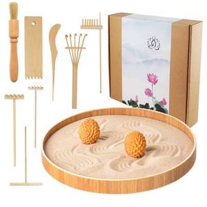 lot 55602 image: Japanese Zen Garden for Desk, Dorhui Sand Tray Therapy Kit Meditation Gifts - 12 Large Round Bamboo Tray, 7Pcs Mini Zen Garden Rake Kit, Stamp Spheres for Home, Office, and Classroom