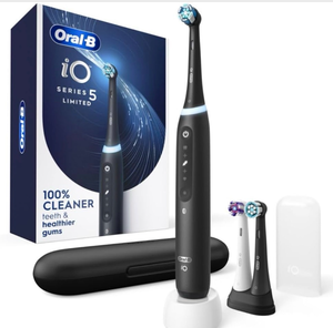 lot 4394 image: Oral-B iO Deep Clean  Whiten Rechargeable Electric Toothbrush with Visible Pressure Sensor, 2 Minute Timer, 5 Cleaning Settings, 1 iO5 Limited, 3 Toothbrush Heads, Travel Case & Refill Holder, Black - Retail $149