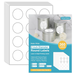 lot 4424 image: MaxGear 2 Round Sticker Labels, for Inkjet or Laser Printer, Matte White Printable Labels Sheets, Strong Adhesive, Dries Quickly, Holds Ink Well, 30 Sheets, 360 Pcs - Retail $14
