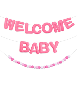 lot 4476 image: Kelfara Felt Welcome Baby Shower Banner - Prestrung 9ft Pink Welcome Baby Sign - Retail $0