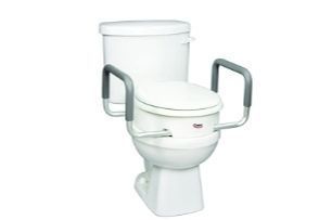lot 21236 image: Carex 3.5 Inch Raised Toilet Seat with Arms - for Elongated Toilets, Elevated Toilet Riser with Removable Padded Handles, Easy on and Off, Support 250 - Retail $50