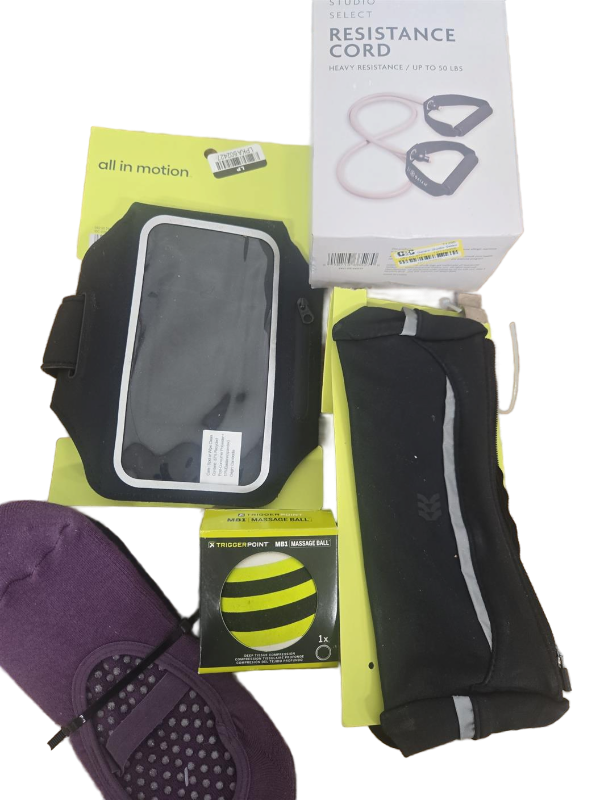 lot 23206 image: Fitness Equipment Bundle - Grip Socks, Massage Ball, Resistance Cord, Smartphone Armband, and Smartphone Waist Band