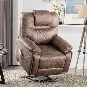 lot 30694 image: Power Lift Recliner with Massage and Heating Functions, PU Leather Sofa with Remote Control and Overstuffed Pillow, Suitable for Living Room, Office, Den Brown - Retail $750